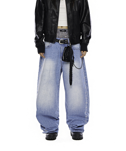 セール】Side Rhinestone Denim Pants (Blue)（デニムパンツ）｜AAKAM