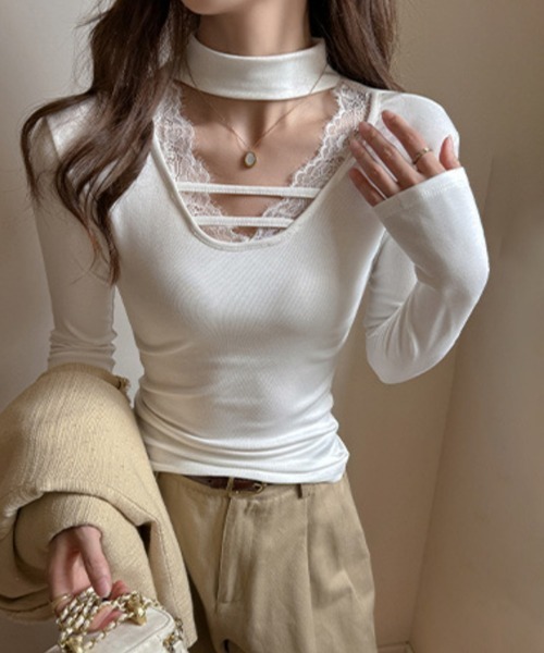 Miniministore(ミニミニストア)の「チョーカー風カットソーレース付きTシャツ(Tシャツ/カットソー・レディース・ホワイト/グレー/ブラック・FREE)」の2枚目の写真