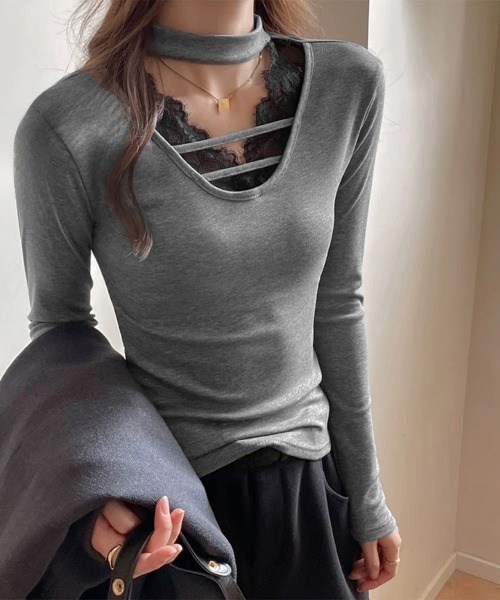 Miniministore(ミニミニストア)の「チョーカー風カットソーレース付きTシャツ(Tシャツ/カットソー・レディース・ホワイト/グレー/ブラック・FREE)」の4枚目の写真