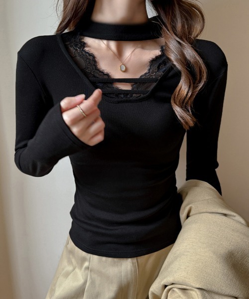 Miniministore(ミニミニストア)の「チョーカー風カットソーレース付きTシャツ(Tシャツ/カットソー・レディース・ホワイト/グレー/ブラック・FREE)」の6枚目の写真