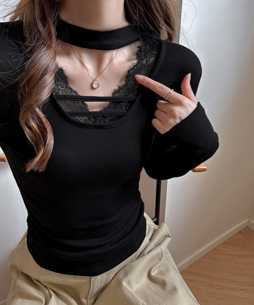 Miniministore(ミニミニストア)の「チョーカー風カットソーレース付きTシャツ(Tシャツ/カットソー・レディース・ホワイト/グレー/ブラック・FREE)」の7枚目の写真