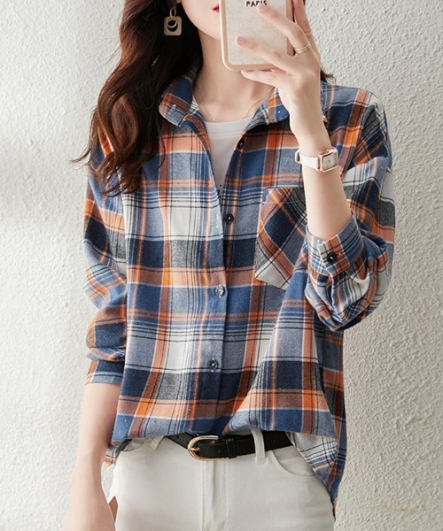 ONEP STAR(ワンピスター)の「胸ポケット付きチェック柄シャツ(シャツ/ブラウス・レディース・ブルー・MEDIUM/LARGE/X-LARGE)」の6枚目の写真