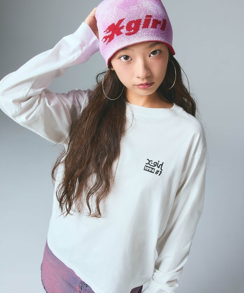 X-girl（エックスガール）の「NUMBER ONE BOX LOGO L/S TEE（Tシャツ/カットソー・レディース・ブラック/ホワイト/パープル・S/M/L）」の7枚目の写真