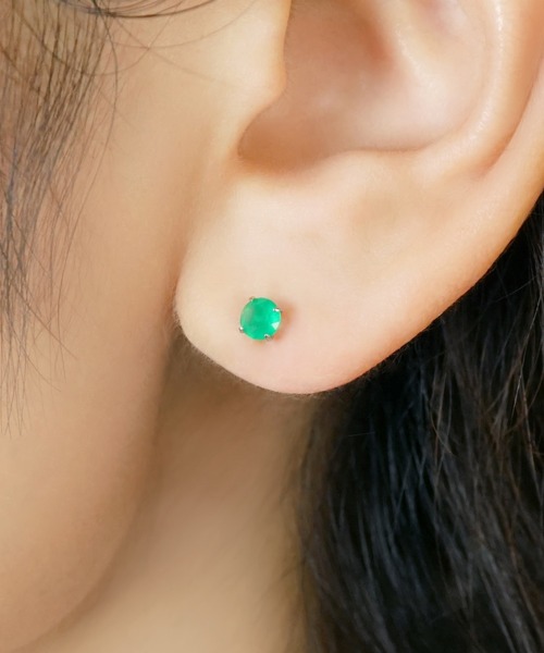 セカンドピアス]Pt グリーンメノウピアス(4mm)（ピアス（両耳用