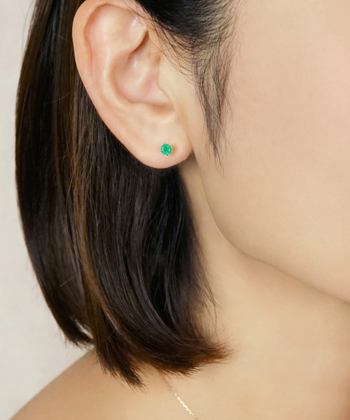 セカンドピアス]Pt グリーンメノウピアス(4mm)（ピアス（両耳用