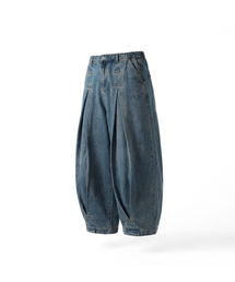 ANGLAN | Long Tuck Wing Balloon Denim Pants - Washed Blue(デニムパンツ)