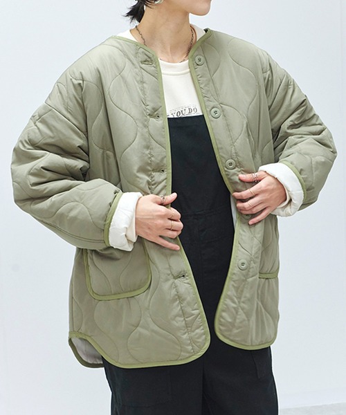 Fizz（フィズ）の「配色パイピングキルト中綿ジャケット（ノーカラージャケット・レディース・アイボリー/ブラック/ライトベージュ/ライトカーキ・M）」の4枚目の写真