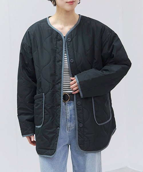 Fizz（フィズ）の「配色パイピングキルト中綿ジャケット（ノーカラージャケット・レディース・アイボリー/ブラック/ライトベージュ/ライトカーキ・M）」の5枚目の写真