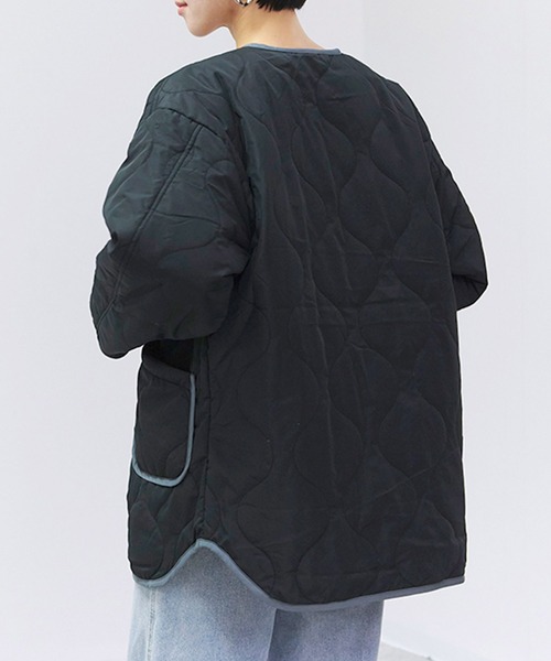 Fizz（フィズ）の「配色パイピングキルト中綿ジャケット（ノーカラージャケット・レディース・アイボリー/ブラック/ライトベージュ/ライトカーキ・M）」の6枚目の写真