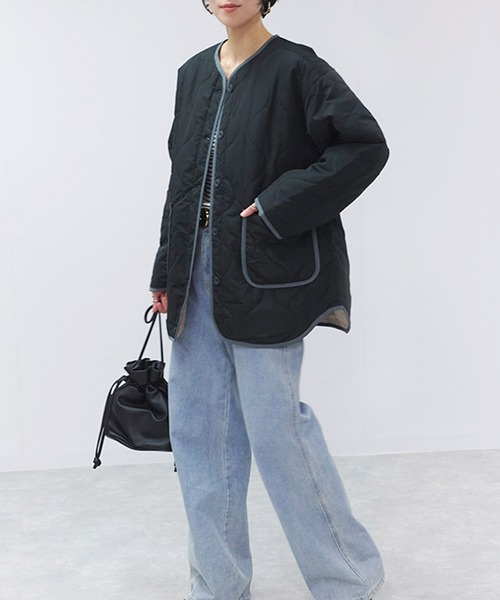 Fizz（フィズ）の「配色パイピングキルト中綿ジャケット（ノーカラージャケット・レディース・アイボリー/ブラック/ライトベージュ/ライトカーキ・M）」の7枚目の写真