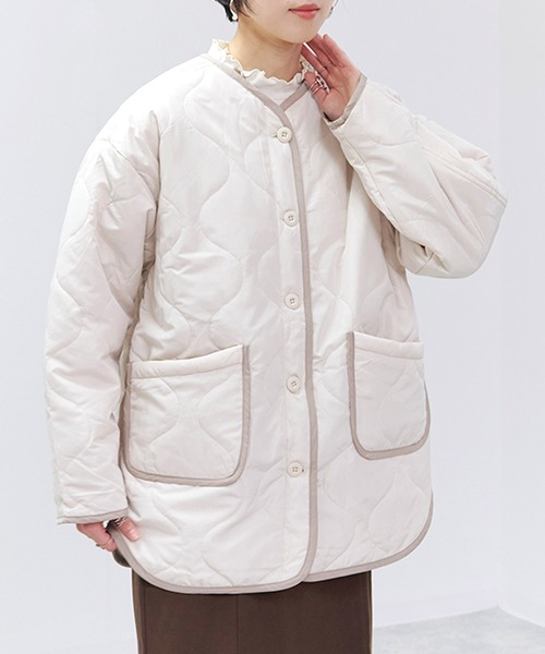 セール】配色パイピングキルト中綿ジャケット（ノーカラージャケット