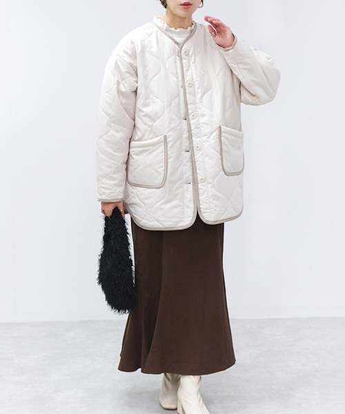 セール】配色パイピングキルト中綿ジャケット（ノーカラージャケット