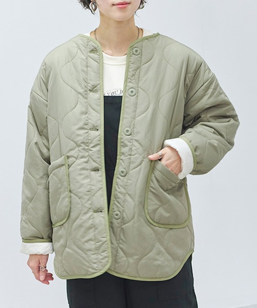 Fizz（フィズ）の「配色パイピングキルト中綿ジャケット（ノーカラージャケット・レディース・アイボリー/ブラック/ライトベージュ/ライトカーキ・M）」の11枚目の写真