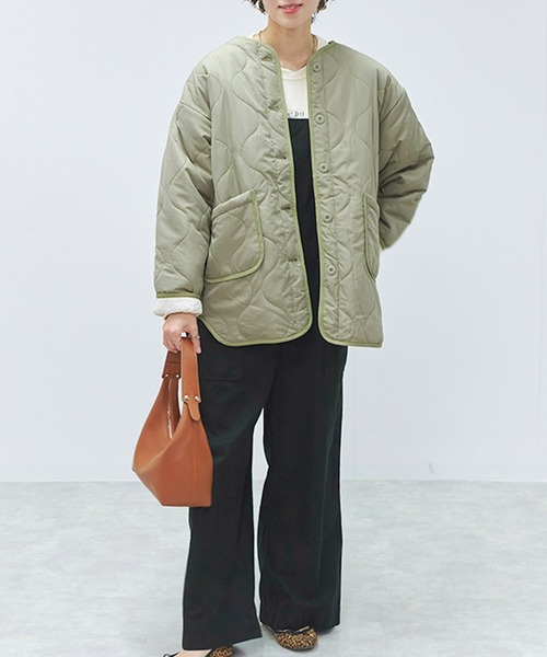 Fizz（フィズ）の「配色パイピングキルト中綿ジャケット（ノーカラージャケット・レディース・アイボリー/ブラック/ライトベージュ/ライトカーキ・M）」の12枚目の写真