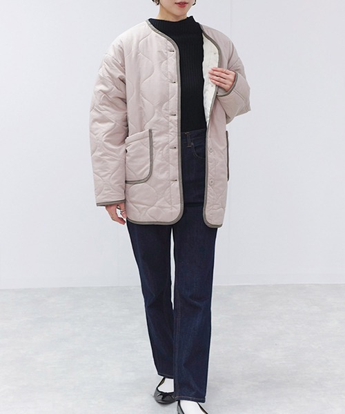 セール】配色パイピングキルト中綿ジャケット（ノーカラージャケット