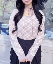 クロスチョーカーチェック柄長袖ニット