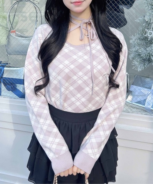 INGNI（イング）の「クロスチョーカーチェック柄長袖ニット（ニット/セーター・レディース・ブラック×ホワイト/ベージュ系2/ピンク系2・M）」の19枚目の写真