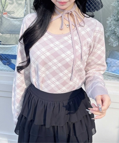 INGNI（イング）の「クロスチョーカーチェック柄長袖ニット（ニット/セーター・レディース・ブラック×ホワイト/ベージュ系2/ピンク系2・M）」の21枚目の写真