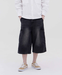 ACSHI（アクシ）の「バーニングウォッシュバミューダストリートカーゴオーバーフィット7部デニムパンツユニセックス（黒青）（その他パンツ）」