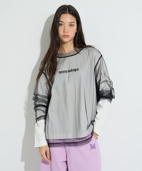 anna sui nyc(アナ スイ エヌ ワイ シー)の「ANNA SUI NYC / アナスイエヌワイシー メッシュレイヤードロングTシャツ(Tシャツ/カットソー・レディース・パープル/ピンク/ブラック・FREE)」の1枚目の写真