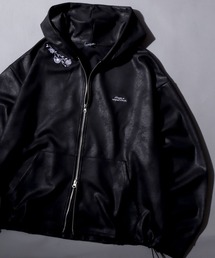 SITRY(�V�g���[)��Fake Leather Zip Hoodie/�I�[�o�[�T�C�Y �t�F�C�N���U�[ �X�^�[ �t�����[ �����|�C���g�h�J �h���[�R�[�h �_�u���W�b�v �t���W�b�v�p�[�J�[ �t�[�f�B�[ �p�[�J�[(�p�[�J�[)