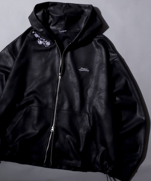 セール】Fake Leather Zip Hoodie/オーバーサイズ フェイクレザー