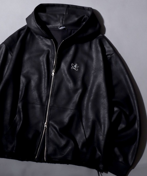 セール】Fake Leather Zip Hoodie/オーバーサイズ フェイクレザー