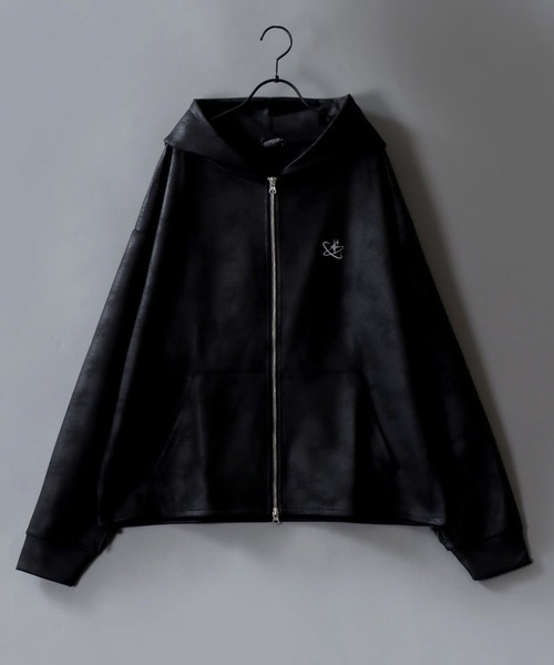 セール】Fake Leather Zip Hoodie/オーバーサイズ フェイクレザー