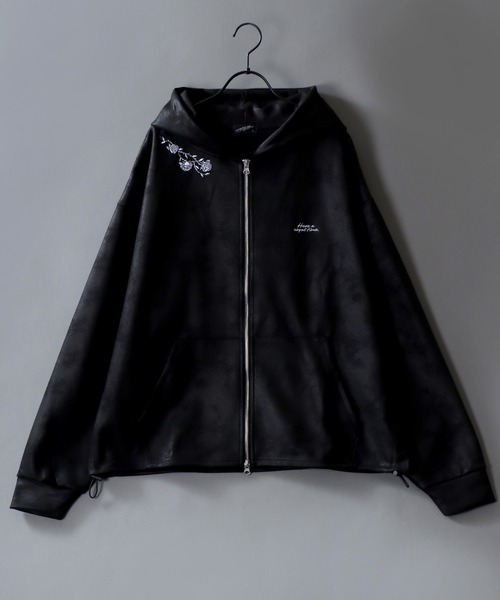 SITRY(シトリー)の「Fake Leather Zip Hoodie/オーバーサイズ フェイクレザー スター フラワー ワンポイント刺繍 ドローコード ダブルジップ フルジップパーカー フーディー パーカー(パーカー・メンズ・ブラック/ブラック系その他・M/L)」の5枚目の写真