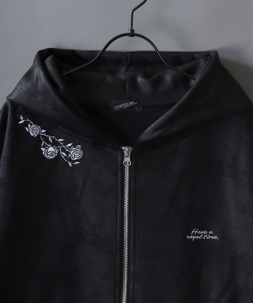 SITRY(シトリー)の「Fake Leather Zip Hoodie/オーバーサイズ フェイクレザー スター フラワー ワンポイント刺繍 ドローコード ダブルジップ フルジップパーカー フーディー パーカー(パーカー・メンズ・ブラック/ブラック系その他・M/L)」の9枚目の写真