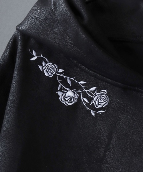 SITRY(シトリー)の「Fake Leather Zip Hoodie/オーバーサイズ フェイクレザー スター フラワー ワンポイント刺繍 ドローコード ダブルジップ フルジップパーカー フーディー パーカー(パーカー・メンズ・ブラック/ブラック系その他・M/L)」の6枚目の写真