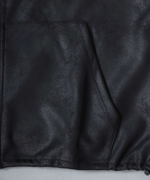 SITRY(シトリー)の「Fake Leather Zip Hoodie/オーバーサイズ フェイクレザー スター フラワー ワンポイント刺繍 ドローコード ダブルジップ フルジップパーカー フーディー パーカー(パーカー・メンズ・ブラック/ブラック系その他・M/L)」の13枚目の写真