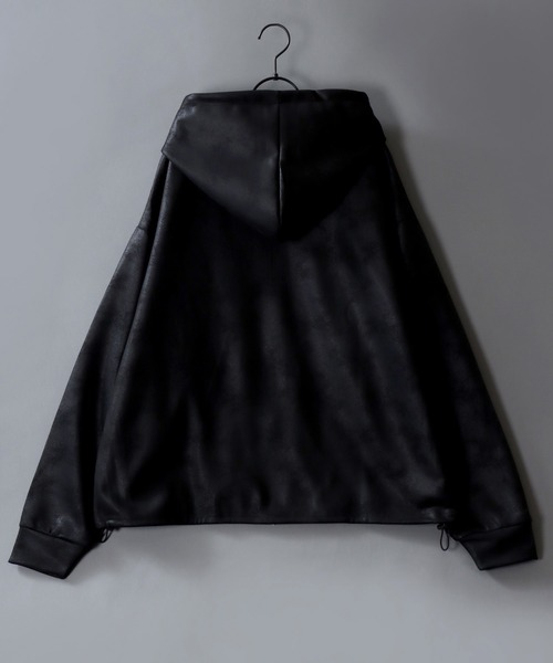 SITRY(シトリー)の「Fake Leather Zip Hoodie/オーバーサイズ フェイクレザー スター フラワー ワンポイント刺繍 ドローコード ダブルジップ フルジップパーカー フーディー パーカー(パーカー・メンズ・ブラック/ブラック系その他・M/L)」の8枚目の写真