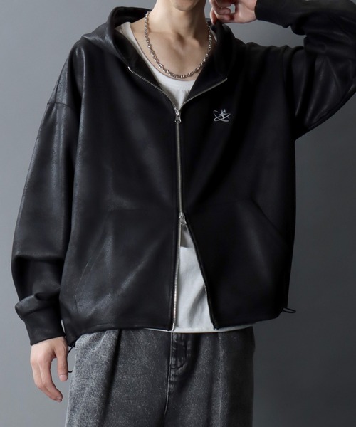 SITRY(シトリー)の「Fake Leather Zip Hoodie/オーバーサイズ フェイクレザー スター フラワー ワンポイント刺繍 ドローコード ダブルジップ フルジップパーカー フーディー パーカー(パーカー・メンズ・ブラック/ブラック系その他・M/L)」の18枚目の写真