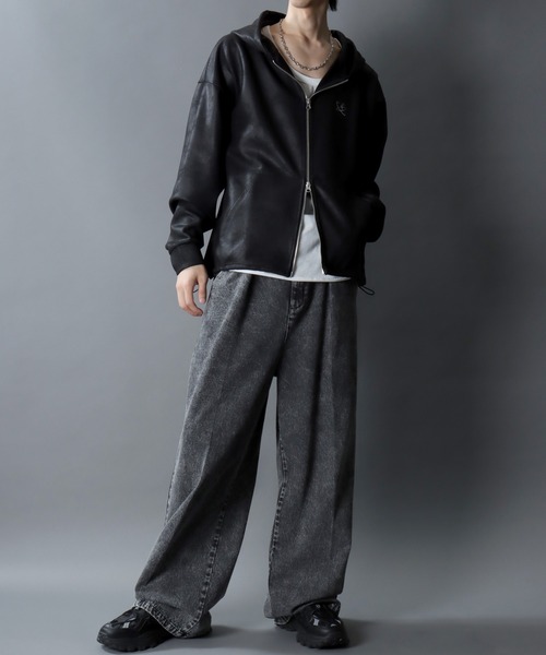 SITRY(シトリー)の「Fake Leather Zip Hoodie/オーバーサイズ フェイクレザー スター フラワー ワンポイント刺繍 ドローコード ダブルジップ フルジップパーカー フーディー パーカー(パーカー・メンズ・ブラック/ブラック系その他・M/L)」の19枚目の写真