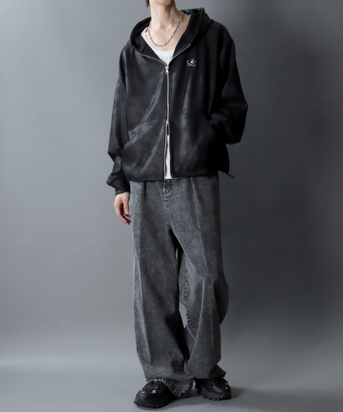 SITRY(シトリー)の「Fake Leather Zip Hoodie/オーバーサイズ フェイクレザー スター フラワー ワンポイント刺繍 ドローコード ダブルジップ フルジップパーカー フーディー パーカー(パーカー・メンズ・ブラック/ブラック系その他・M/L)」の20枚目の写真