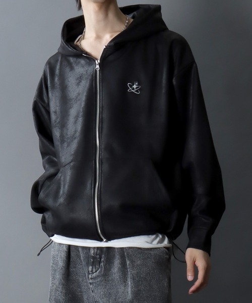 SITRY(シトリー)の「Fake Leather Zip Hoodie/オーバーサイズ フェイクレザー スター フラワー ワンポイント刺繍 ドローコード ダブルジップ フルジップパーカー フーディー パーカー(パーカー・メンズ・ブラック/ブラック系その他・M/L)」の21枚目の写真