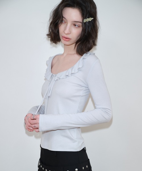 SOLWEIGE(ソルヴェイグ)の「【SOLWEIGE】フリルネック フロントリボン ロングスリーブTシャツ(Tシャツ/カットソー・レディース・ライトグレー・S/M/L)」の12枚目の写真