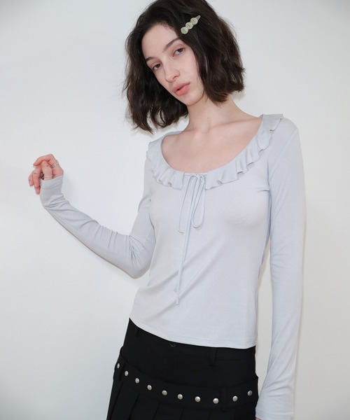 SOLWEIGE(ソルヴェイグ)の「【SOLWEIGE】フリルネック フロントリボン ロングスリーブTシャツ(Tシャツ/カットソー・レディース・ライトグレー・S/M/L)」の13枚目の写真