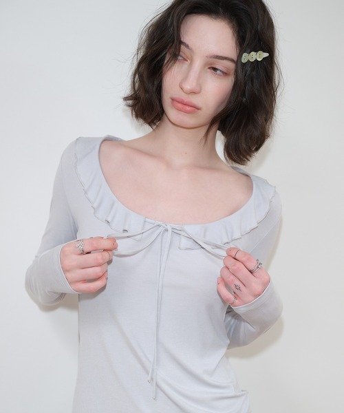SOLWEIGE(ソルヴェイグ)の「【SOLWEIGE】フリルネック フロントリボン ロングスリーブTシャツ(Tシャツ/カットソー・レディース・ライトグレー・S/M/L)」の14枚目の写真