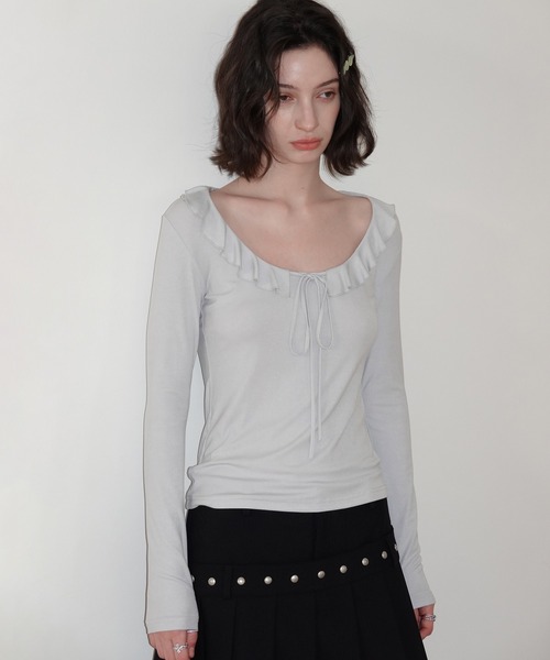 SOLWEIGE(ソルヴェイグ)の「【SOLWEIGE】フリルネック フロントリボン ロングスリーブTシャツ(Tシャツ/カットソー・レディース・ライトグレー・S/M/L)」の19枚目の写真