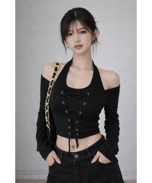 Bling Leads(ブリングリーズ)の「【Bls】 【ZL】【Bling Leads】ホルダーネック 編み上げトップス(Tシャツ/カットソー・レディース・ホワイト/モカ/ブラック・FREE)」の3枚目の写真