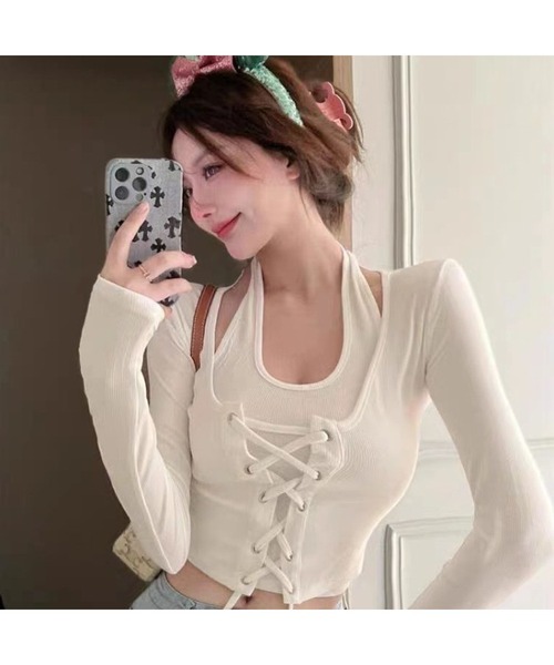 Bling Leads(ブリングリーズ)の「【Bls】 【ZL】【Bling Leads】ホルダーネック 編み上げトップス(Tシャツ/カットソー・レディース・ホワイト/モカ/ブラック・FREE)」の5枚目の写真