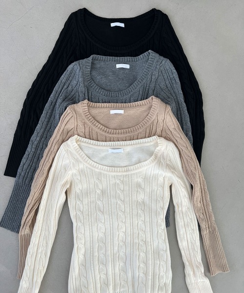 4INT.(フォイント)の「【秋冬 / 厚手アイテム】ベーシック 無地 ラウンド ケーブル 長袖 ニット トップス(ニット/セーター・レディース・ベージュ/アイボリー/ブラック/グレー・FREE)」の2枚目の写真
