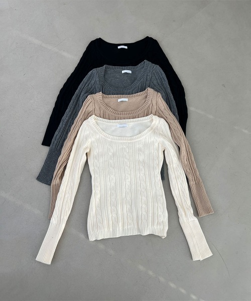4INT.(フォイント)の「【秋冬 / 厚手アイテム】ベーシック 無地 ラウンド ケーブル 長袖 ニット トップス(ニット/セーター・レディース・ベージュ/アイボリー/ブラック/グレー・FREE)」の7枚目の写真