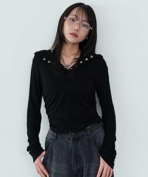 WEGO（ウィゴー）の「WEGO/【26年春新作】ヘンリーネックフードロンT（Tシャツ/カットソー・レディース・杢グレー/グレー系その他5/ブラック・FREE）」の2枚目の写真