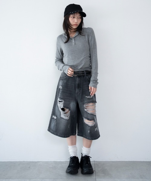 WEGO(ウィゴー)の「WEGO/【26年春新作】ヘンリーネックフードロンT(Tシャツ/カットソー・レディース・杢グレー/グレー系その他5・FREE)」の3枚目の写真