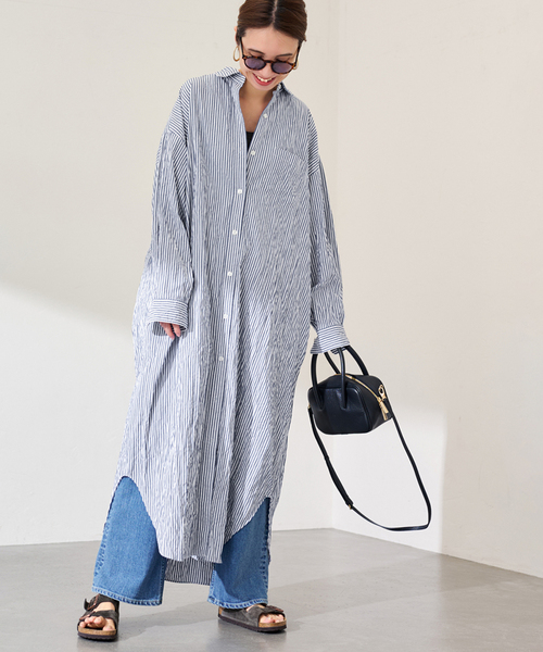 FRAMeWORK(フレームワーク)の「ワッシャーストライプシャツドレス(シャツワンピース・レディース・ネイビー/グリーン・38/36)」の2枚目の写真