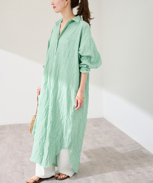 FRAMeWORK(フレームワーク)の「ワッシャーストライプシャツドレス(シャツワンピース・レディース・ネイビー/グリーン・38/36)」の1枚目の写真