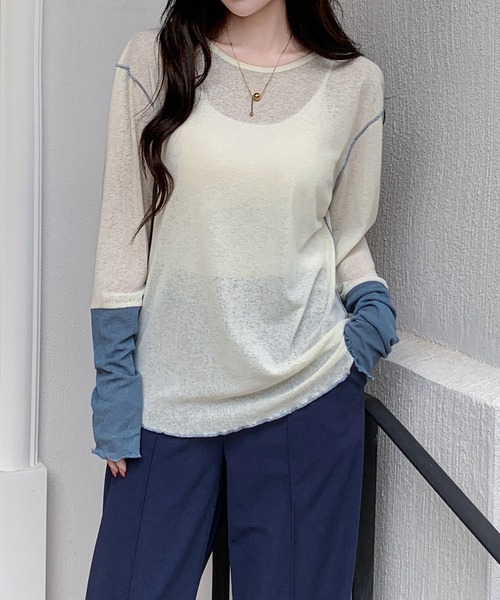 by LEGNA(バイレグナ)の「シアー配色ロンT(Tシャツ/カットソー・レディース・アイボリー/ブラック/グレー/チャコール・LARGE/MEDIUM)」の4枚目の写真
